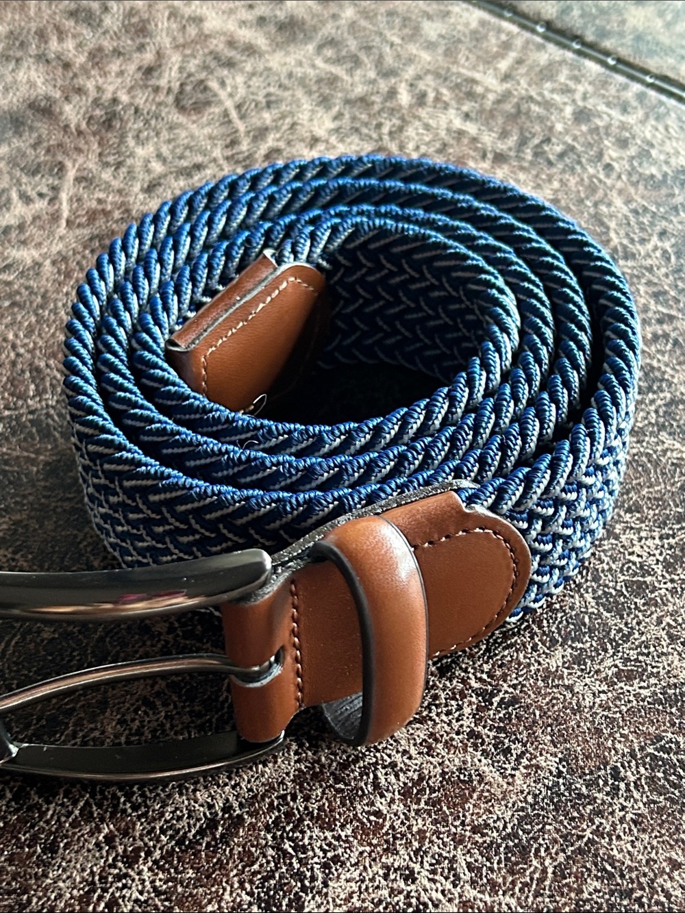 Perry Ellis Navy Woven Elastic Belt with Brown Leather Trim